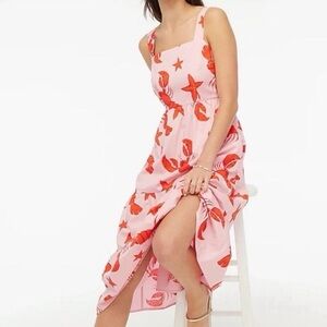 J.Crew 10 Square Neck Tiered Midi Dress Lobster Starfish Print Pink Red Pockets